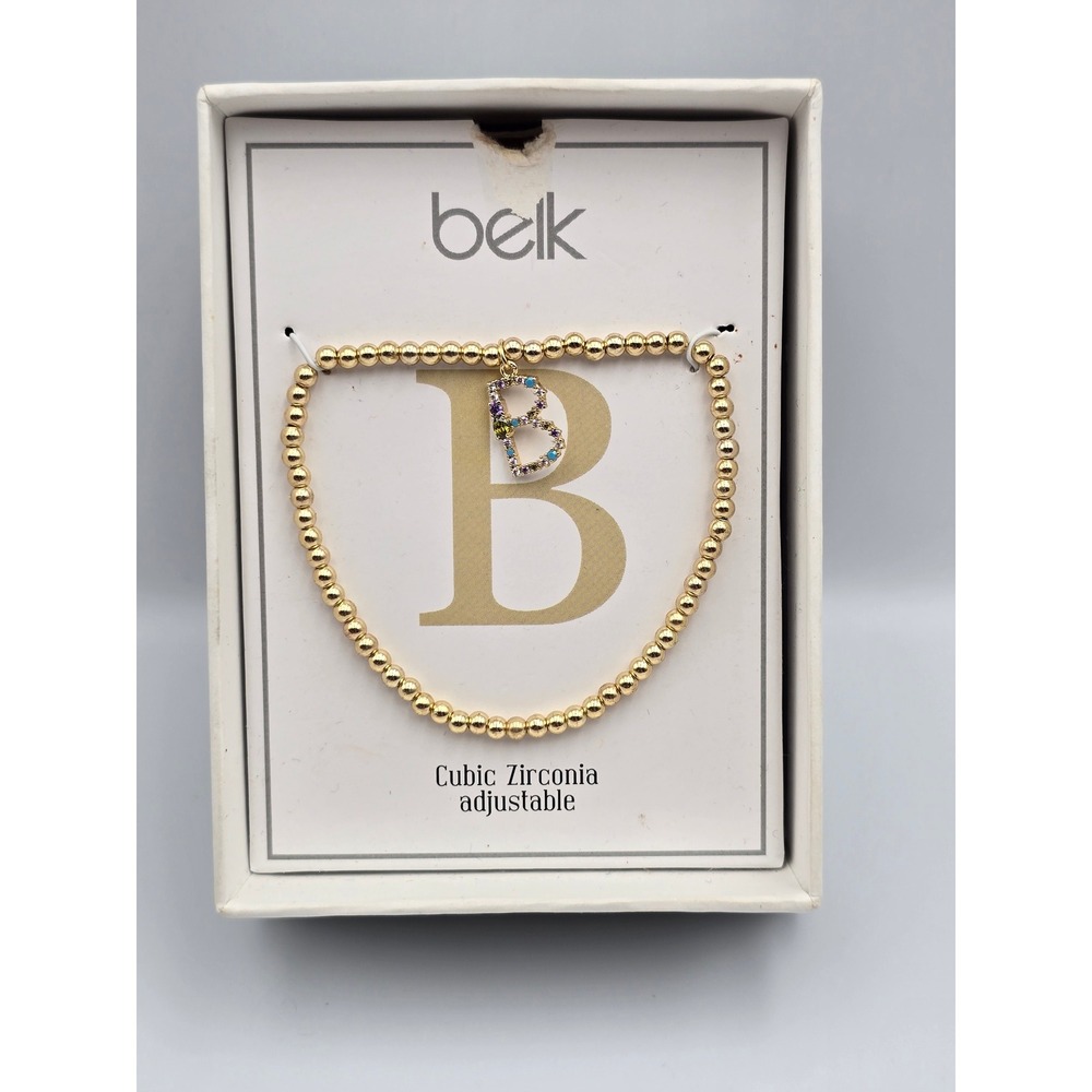 Belk Gold Tone Beaded Bracelet Cubic Zirconia Initial Charm B Adjustable New‎